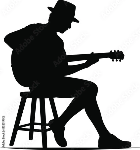 Obraz Silhouette of a Person Playing Guitar on a Stool, Transparent Background.