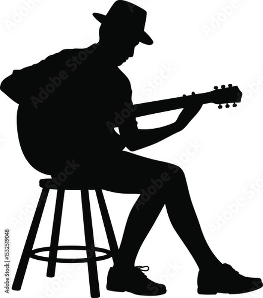 Obraz Silhouette of a Person Playing Guitar on a Stool, Transparent Background.