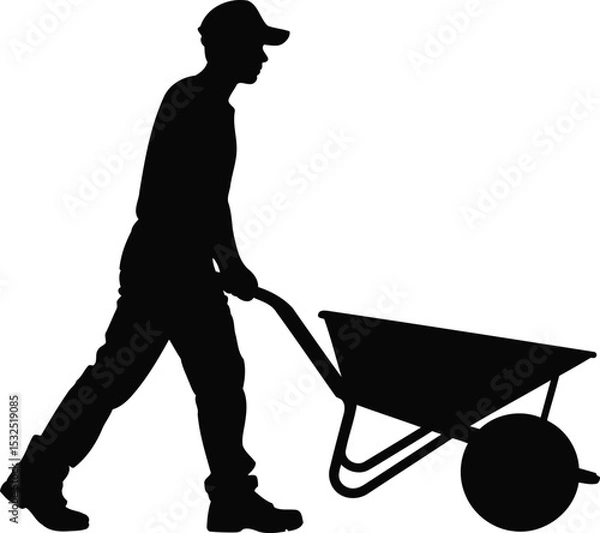 Obraz Silhouette of a Worker Pushing a Wheelbarrow, Transparent Background.