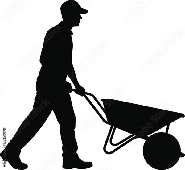 Obraz Silhouette of a Worker Pushing a Wheelbarrow, Transparent Background.