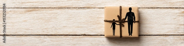 Fototapeta A wrapped gift with a twine bow and a silhouette of a father and child on a wooden plank background