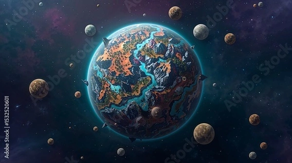 Obraz Vivid Teal Rivers Flowing Across a Fantastical Planet Surrounded by Diverse Moons in Deep Space Digital Art