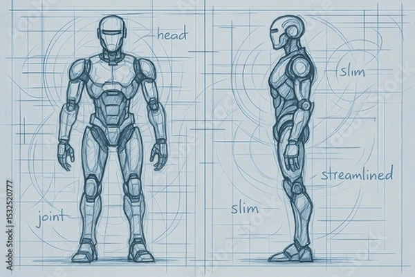 Obraz Hand-Drawn Humanoid Robot Concept Sketch – Front and Side Blueprint View