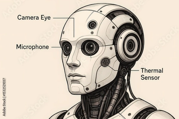 Obraz Humanoid Robot Head Sensor System with AI Camera and Thermal Sensors