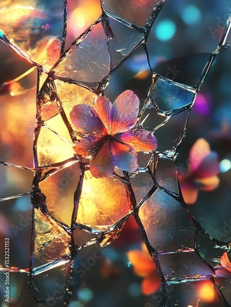 Obraz Vibrant flower amidst shattered glass, surreal art.