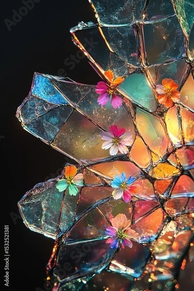 Obraz Ultra high resolution illustration of shattered glass with radial cracks and vivid rainbowcolored shards