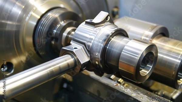 Obraz Close-up of groove turning operation on a lathe, demonstrating a cutting tool creating precise grooves on a metal workpiece