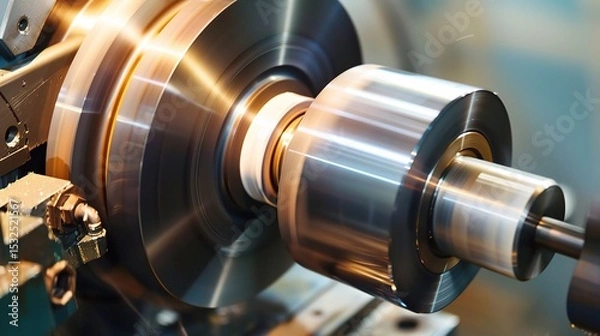 Obraz Close-up of groove turning operation on a lathe, demonstrating a cutting tool creating precise grooves on a metal workpiece
