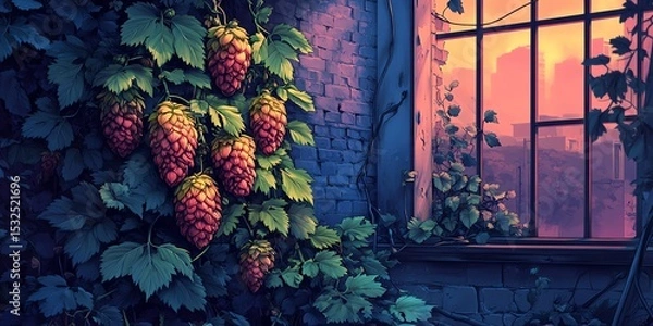 Obraz Hops growing on brick wall, sunset view.