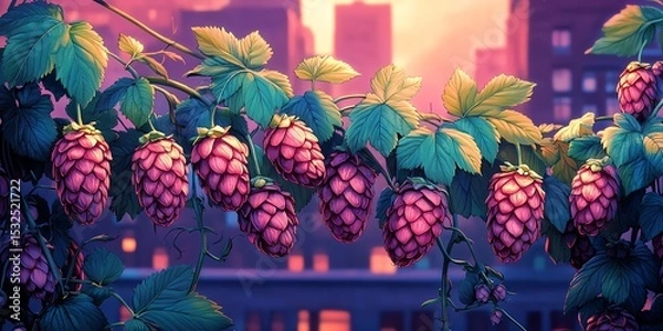 Obraz Pink hops vine, urban sunset backdrop.