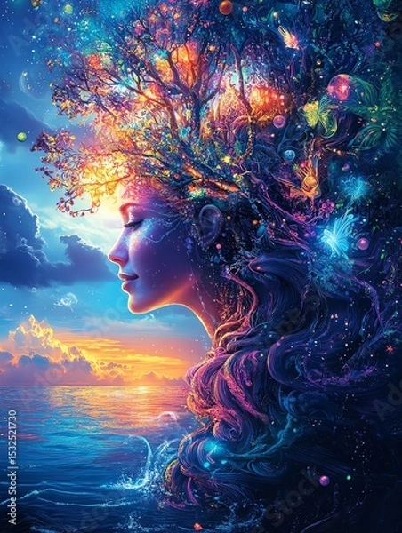 Obraz Vibrant fantasy art of a woman with a tree growing from her head.