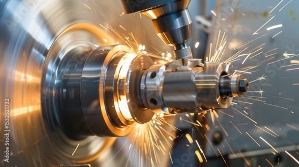 Obraz Close-up of groove turning operation on a lathe, demonstrating a cutting tool creating precise grooves on a metal workpiece