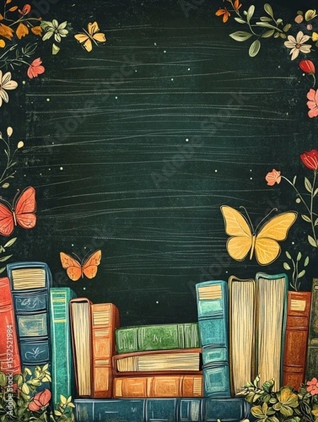 Obraz Chalkboard background with books, butterflies, flowers.
