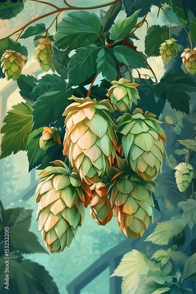 Obraz Hop cones with fresh green leaves in vibrant pastel tones