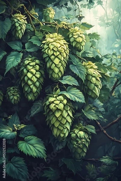 Obraz Hop cones with fresh green leaves in vibrant pastel tones