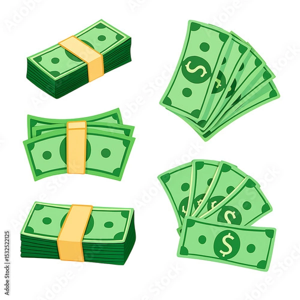 Fototapeta Stack and Bundle of Dollar Bills Isolated on White Background – Money Cash Illustration Set

