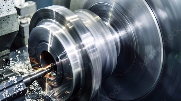 Obraz Close-up of groove turning operation on a lathe, demonstrating a cutting tool creating precise grooves on a metal workpiece
