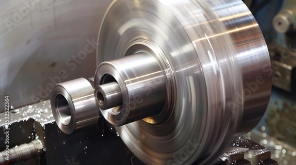 Obraz Close-up of groove turning operation on a lathe, demonstrating a cutting tool creating precise grooves on a metal workpiece