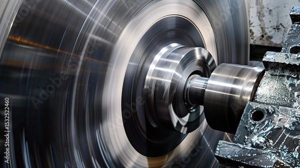 Fototapeta Close-up of groove turning operation on a lathe, demonstrating a cutting tool creating precise grooves on a metal workpiece