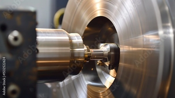 Obraz Close-up of groove turning operation on a lathe, demonstrating a cutting tool creating precise grooves on a metal workpiece
