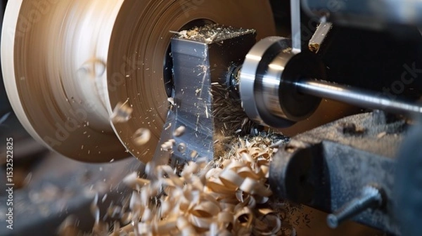 Fototapeta Close-up of groove turning operation on a lathe, demonstrating a cutting tool creating precise grooves on a metal workpiece