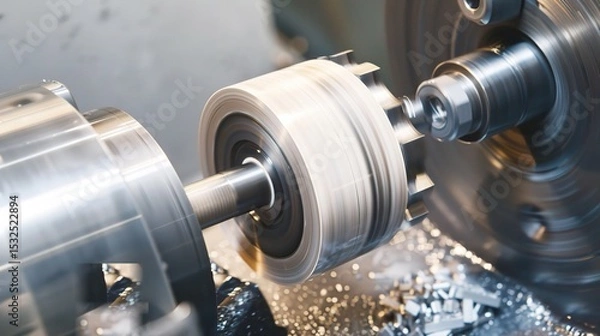 Obraz Close-up of groove turning operation on a lathe, demonstrating a cutting tool creating precise grooves on a metal workpiece