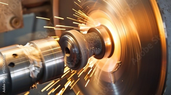 Fototapeta Close-up of groove turning operation on a lathe, demonstrating a cutting tool creating precise grooves on a metal workpiece