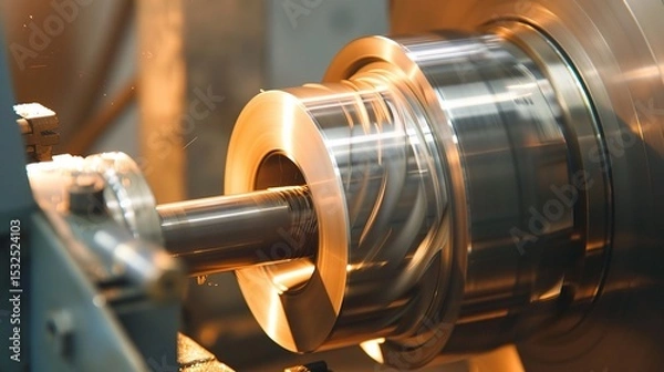 Fototapeta Close-up of groove turning operation on a lathe, demonstrating a cutting tool creating precise grooves on a metal workpiece