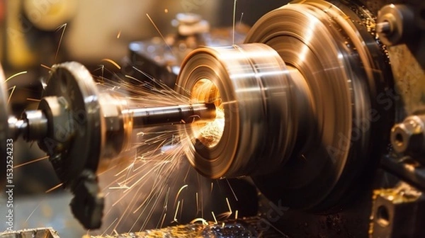 Obraz Close-up of groove turning operation on a lathe, demonstrating a cutting tool creating precise grooves on a metal workpiece