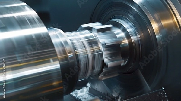 Obraz Close-up of groove turning operation on a lathe, demonstrating a cutting tool creating precise grooves on a metal workpiece