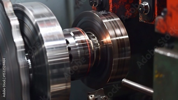 Obraz Close-up of groove turning operation on a lathe, demonstrating a cutting tool creating precise grooves on a metal workpiece