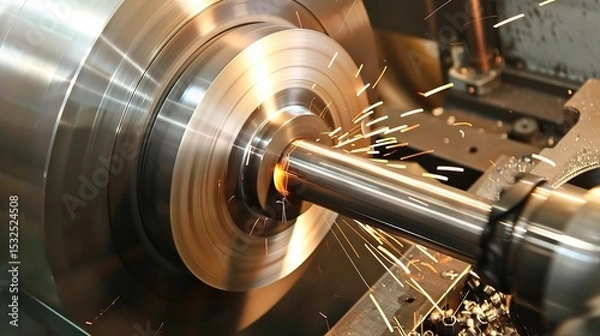 Obraz Close-up of groove turning operation on a lathe, demonstrating a cutting tool creating precise grooves on a metal workpiece