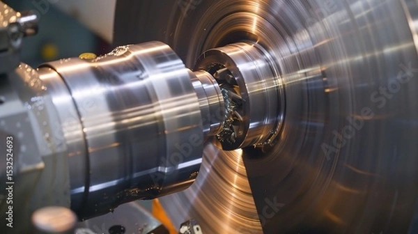 Fototapeta Close-up of groove turning operation on a lathe, demonstrating a cutting tool creating precise grooves on a metal workpiece