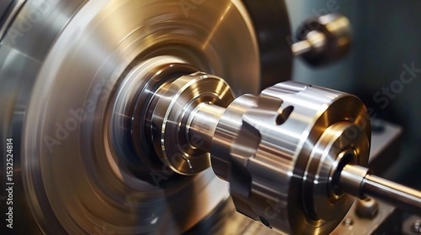 Fototapeta Close-up of groove turning operation on a lathe, demonstrating a cutting tool creating precise grooves on a metal workpiece