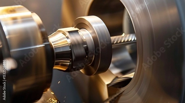 Fototapeta Close-up of groove turning operation on a lathe, demonstrating a cutting tool creating precise grooves on a metal workpiece