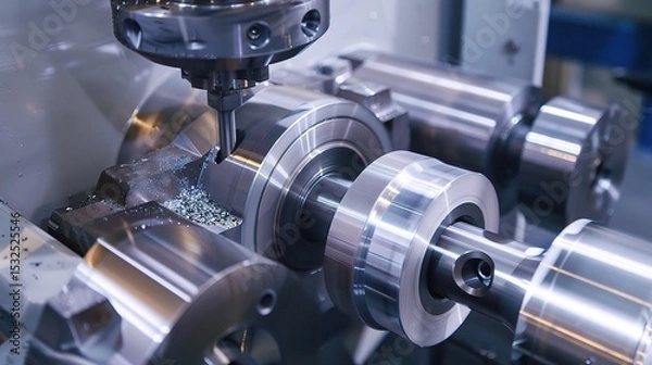 Obraz Close-up of groove turning operation on a lathe, demonstrating a cutting tool creating precise grooves on a metal workpiece