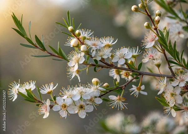 Fototapeta Delicate Blossoms: A close-up of tea tree flowers, showcasing their intricate beauty with soft petals and delicate structures, evoking a sense of tranquility and purity.