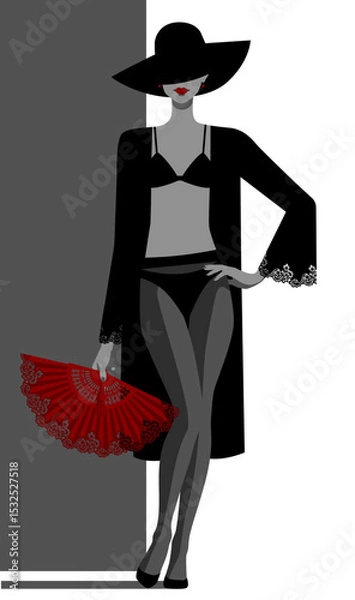 Fototapeta Standing young svelte woman in black lingerie, robe and wide-brimmed hat, in dark tights holds classic open red fan in hand on white background. Vector 
illustration in grey colors in flat style
