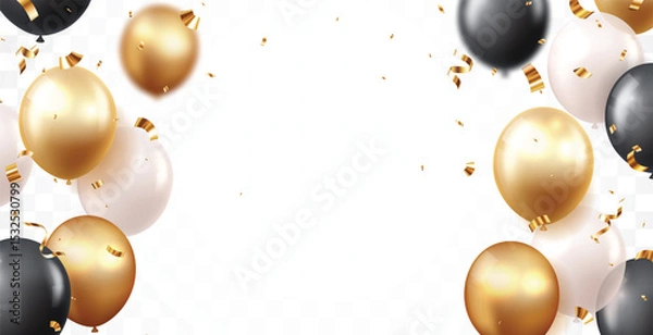 Fototapeta Beautiful black and gold balloons with confetti for invitation cards, celebration banner