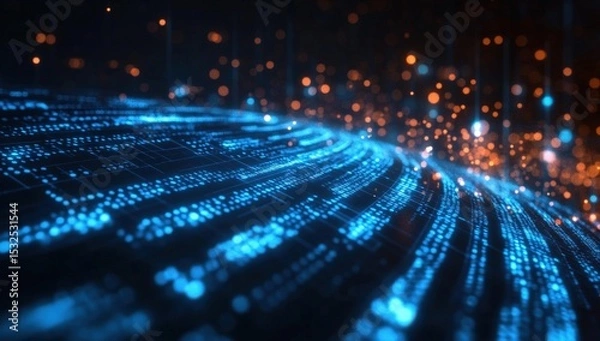 Obraz Abstract digital blue and orange light trails create a futuristic, dynamic visual effect resembling data streams or fiber optic networks on a dark background.