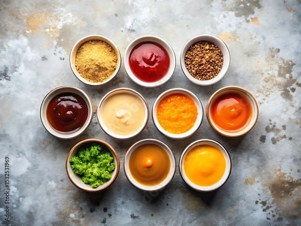Obraz Culinary Delights: a vibrant collection of assorted sauces and condiments artfully presented in individual bowls. inviting the viewer to savor a spectrum of flavors.