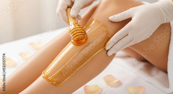 Obraz Amber honey wax applied to leg, showcasing a beauty treatment process using a wooden spatula, highlighting smooth skin and relaxation