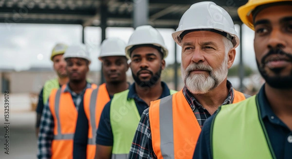 Obraz Close-up of construction workers wearing hard hats and safety vests, showcasing teamwork and professionalism in a construction site, symbolizing industry, expertise, and collaboration