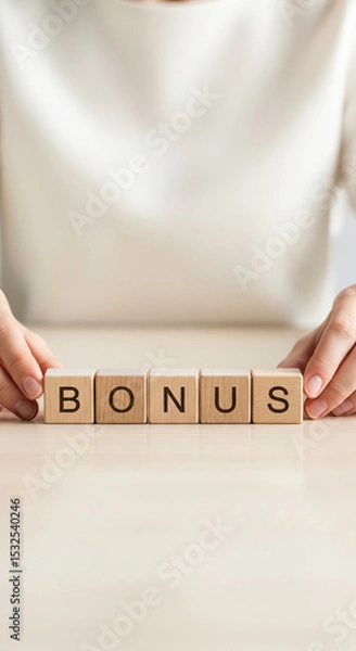 Obraz Wooden blocks spelling "BONUS" on a table, hands arranging them, symbolizing reward, achievement, or extra payment