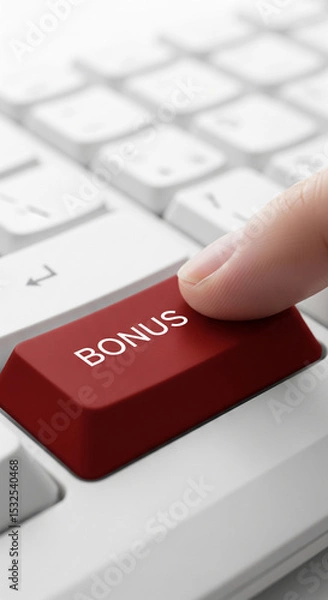 Obraz Close-up of finger pressing red keyboard button labeled "BONUS", showcasing online reward concept.  Suggests reward, achievement, or digital bonus