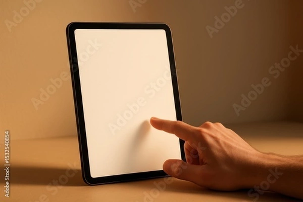 Fototapeta Person interacts with modern tablet device with blank screen