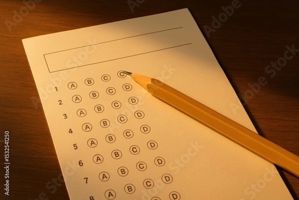 Fototapeta Multiple choice answer sheet with pencil wooden surface