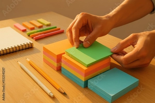 Fototapeta Colorful sticky notes stacked wooden desk with writing tools
