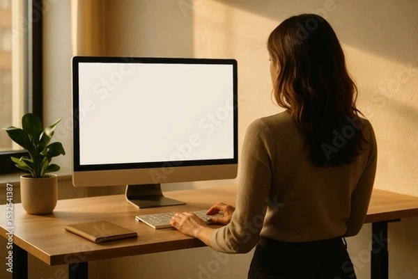Fototapeta Woman working desk with computer bright room with natural light