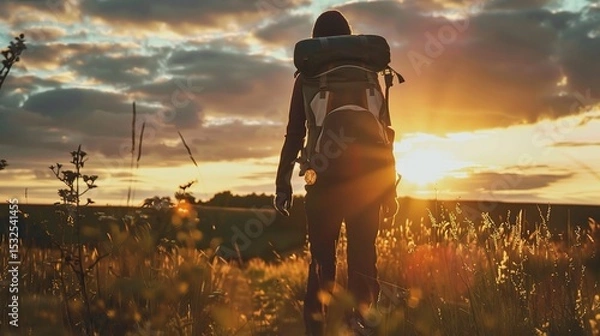 Obraz Vibrant imagery evoking an adventurous mood, featuring a hiker trekking through mountain trails with a backpack, a rock climber scaling a cliff, and a cyclist navigating a forest path under a dramatic